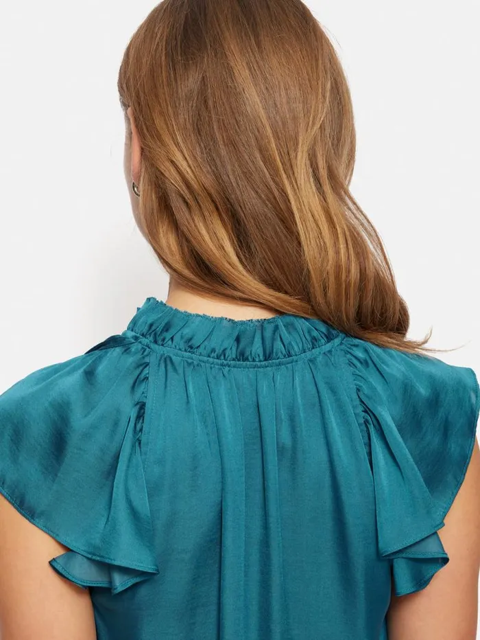 Recycled Satin Frill Neck Top Blue Women Jigsaw Party