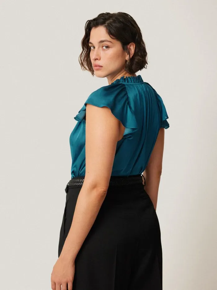 Recycled Satin Frill Neck Top Blue Women Jigsaw Party