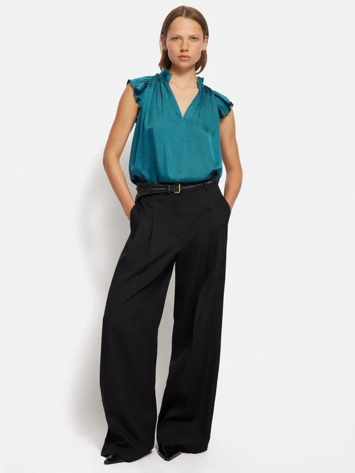 Recycled Satin Frill Neck Top Blue Women Jigsaw Party