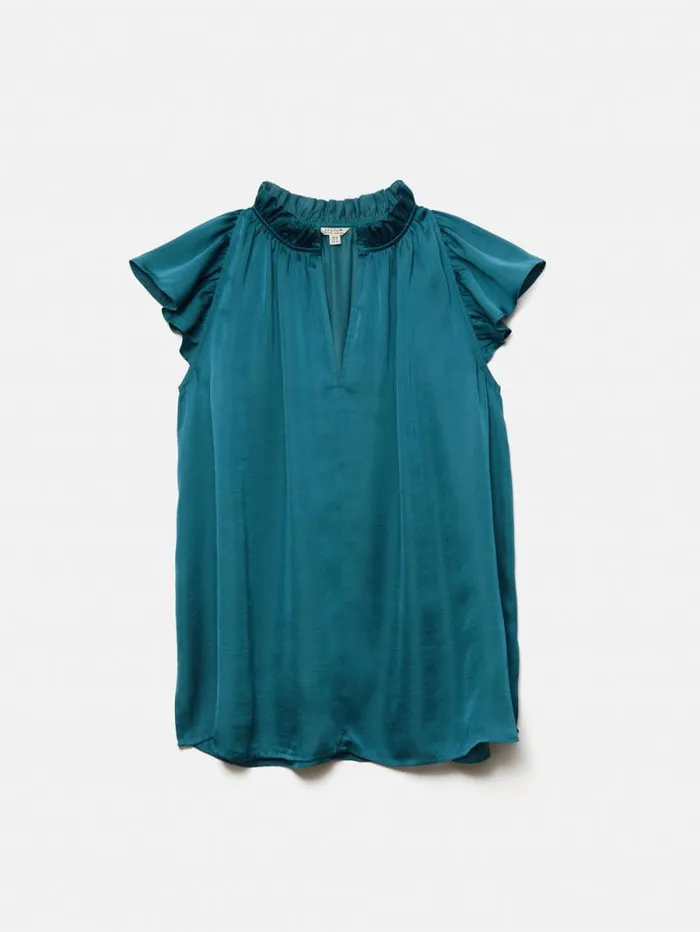Recycled Satin Frill Neck Top Blue Women Jigsaw Party