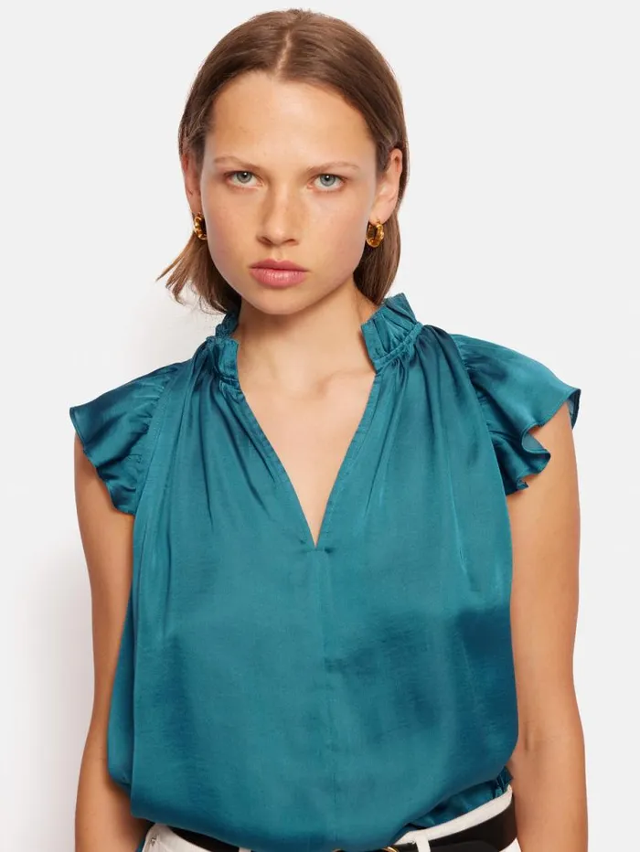 Recycled Satin Frill Neck Top Blue Women Jigsaw Party