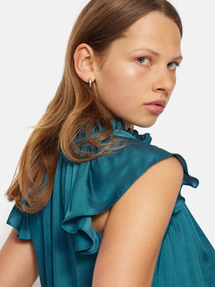 Recycled Satin Frill Neck Top Blue Women Jigsaw Party