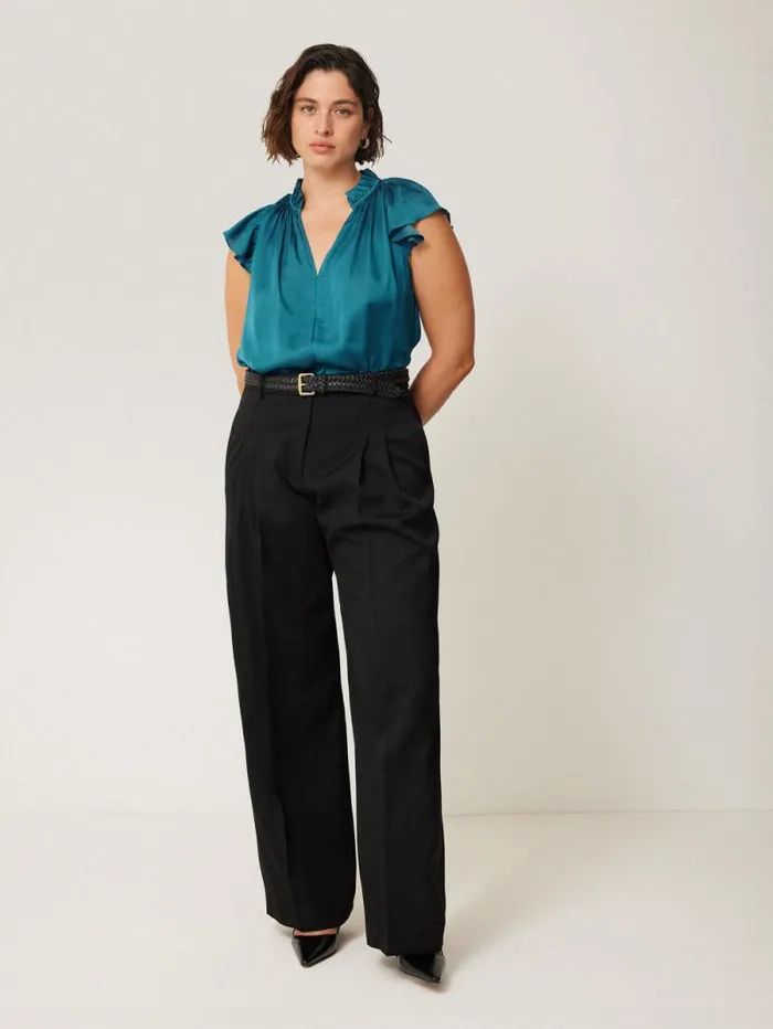 Recycled Satin Frill Neck Top Blue Women Jigsaw Party