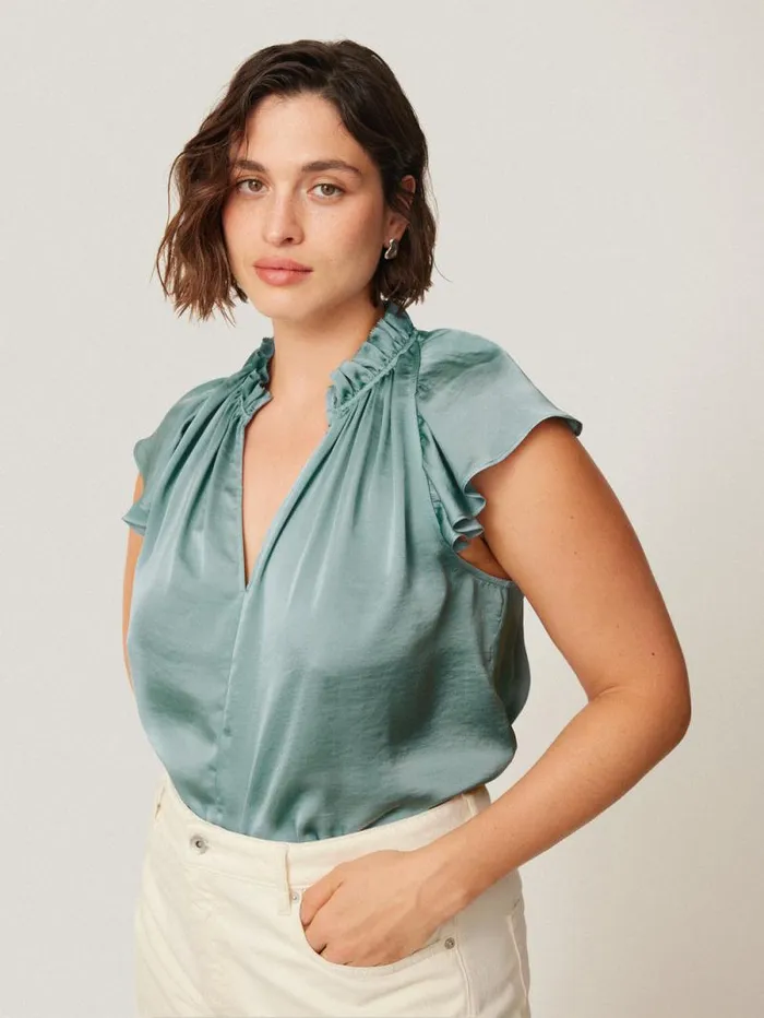 Recycled Satin Frill Neck Top Green Women Jigsaw Shirts and Tops