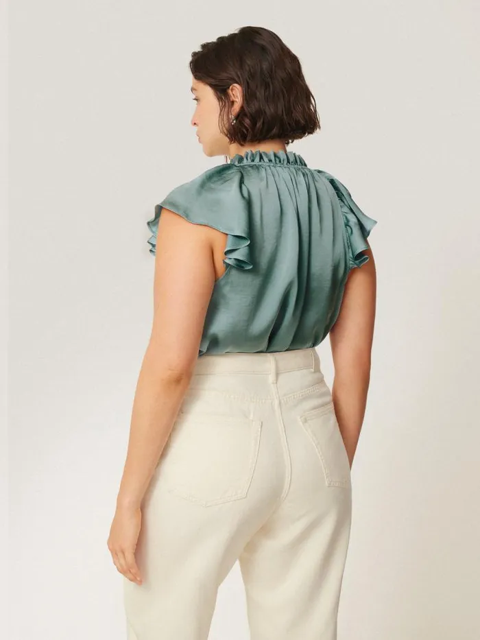 Recycled Satin Frill Neck Top Green Women Jigsaw Shirts and Tops