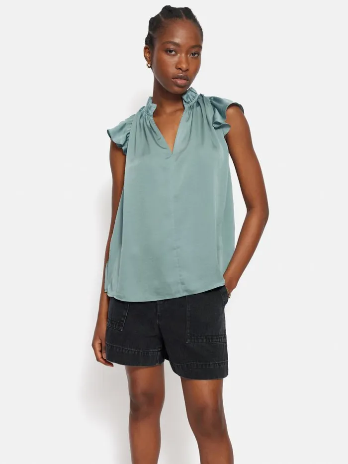 Recycled Satin Frill Neck Top Green Women Jigsaw Shirts and Tops
