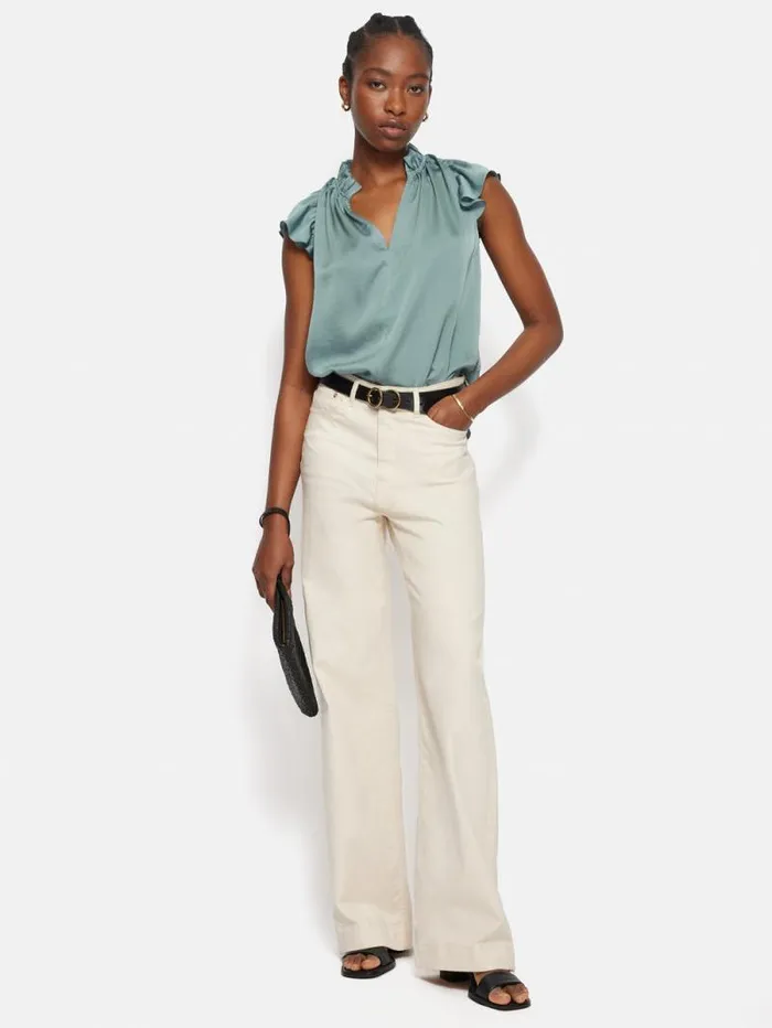 Recycled Satin Frill Neck Top Green Women Jigsaw Shirts and Tops