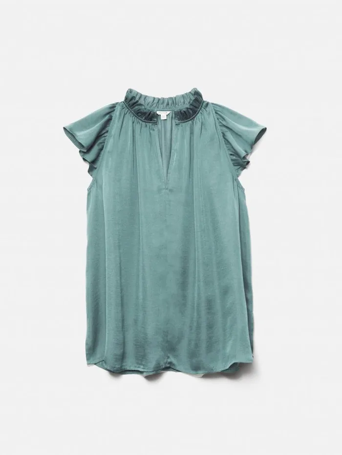Recycled Satin Frill Neck Top Green Women Jigsaw Shirts and Tops