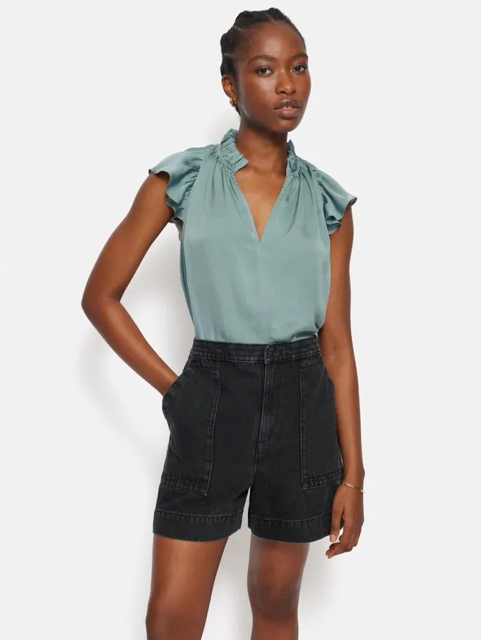 Recycled Satin Frill Neck Top Green Women Jigsaw Shirts and Tops