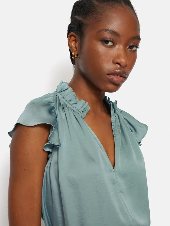 Recycled Satin Frill Neck Top Green Women Jigsaw Shirts and Tops
