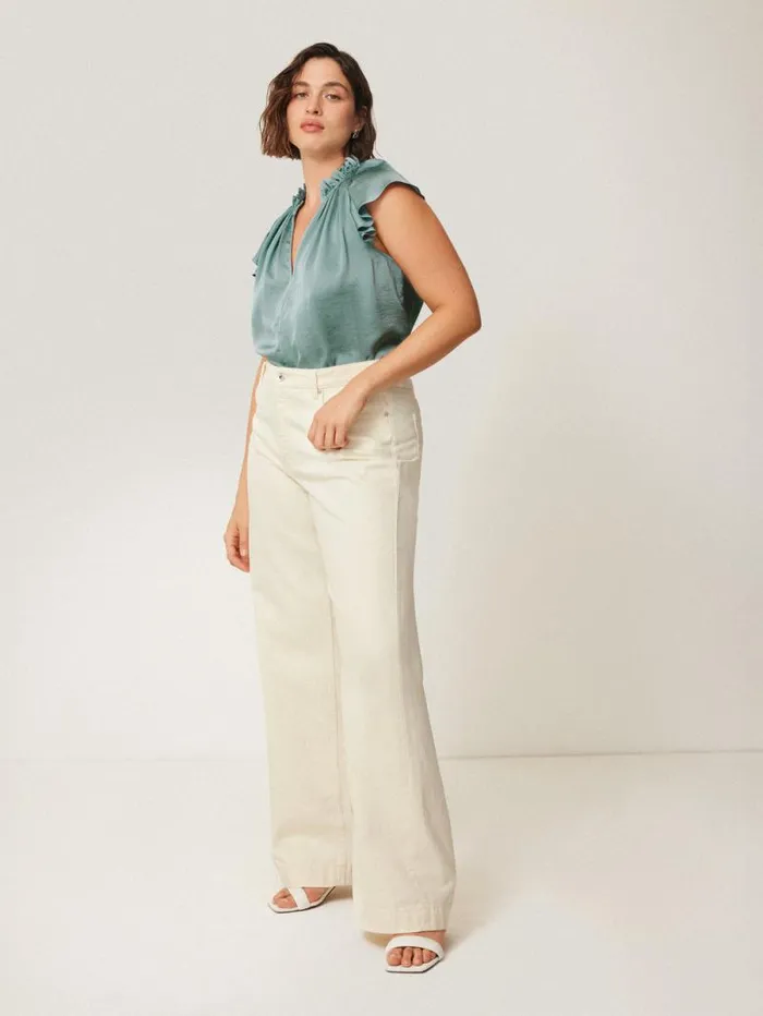 Recycled Satin Frill Neck Top Green Women Jigsaw Shirts and Tops