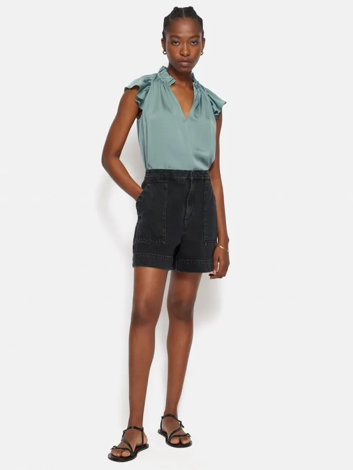 Recycled Satin Frill Neck Top Green Women Jigsaw Shirts and Tops