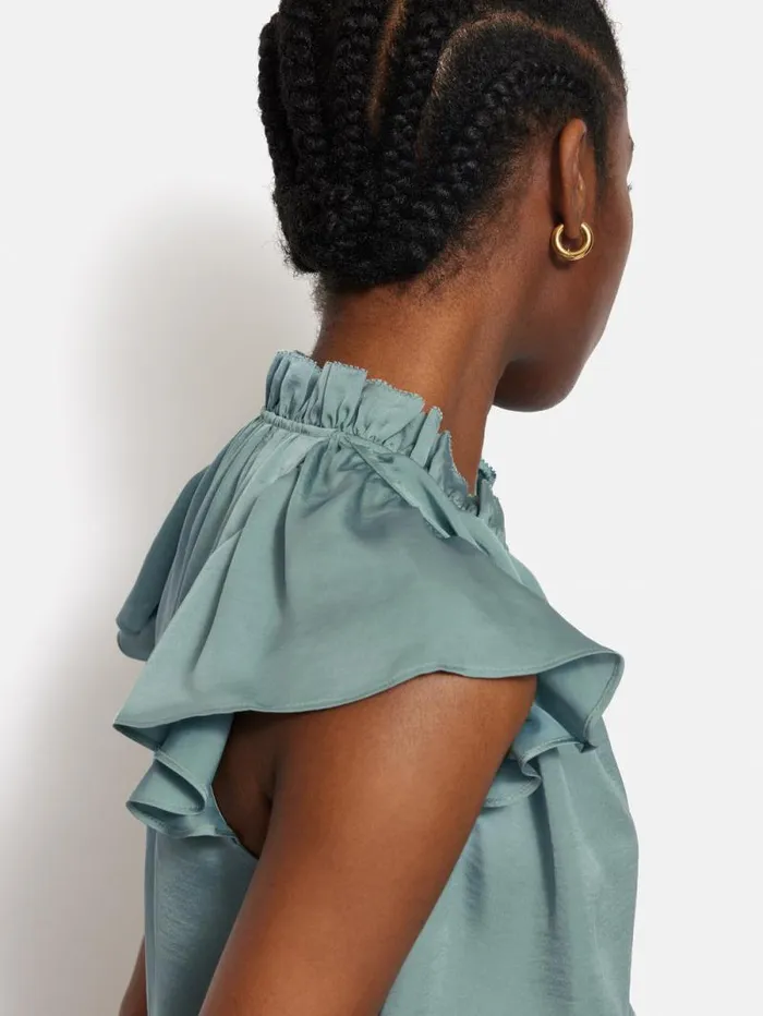 Recycled Satin Frill Neck Top Green Women Jigsaw Shirts and Tops