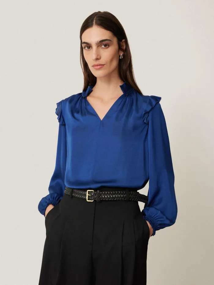 Recycled Satin Ruffle Top Blue Women Jigsaw Party