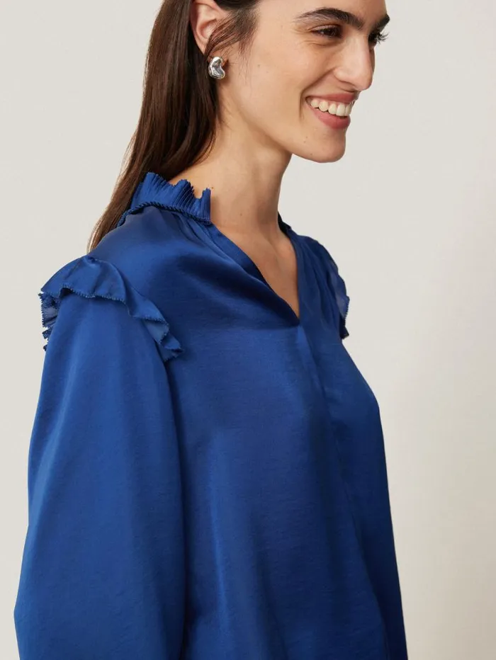 Recycled Satin Ruffle Top Blue Women Jigsaw Party