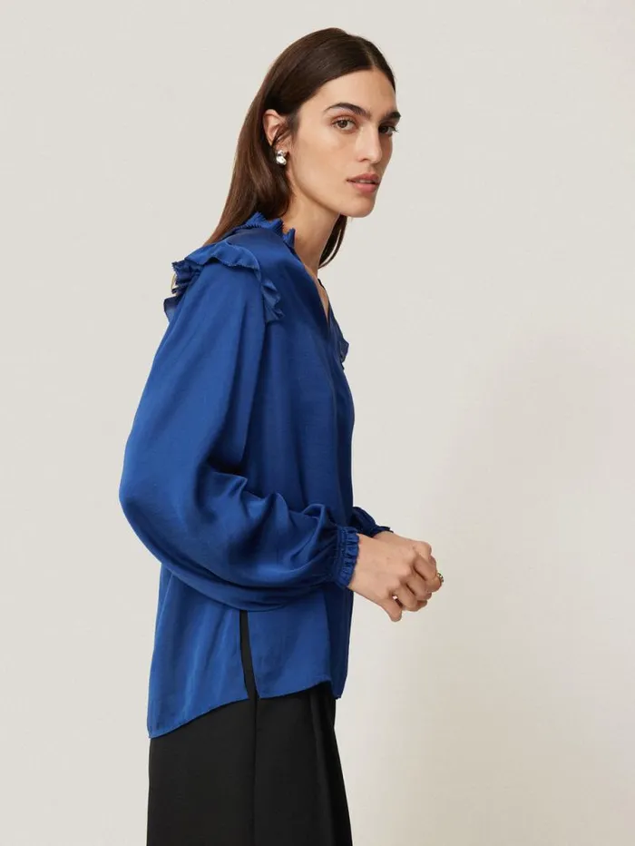 Recycled Satin Ruffle Top Blue Women Jigsaw Party