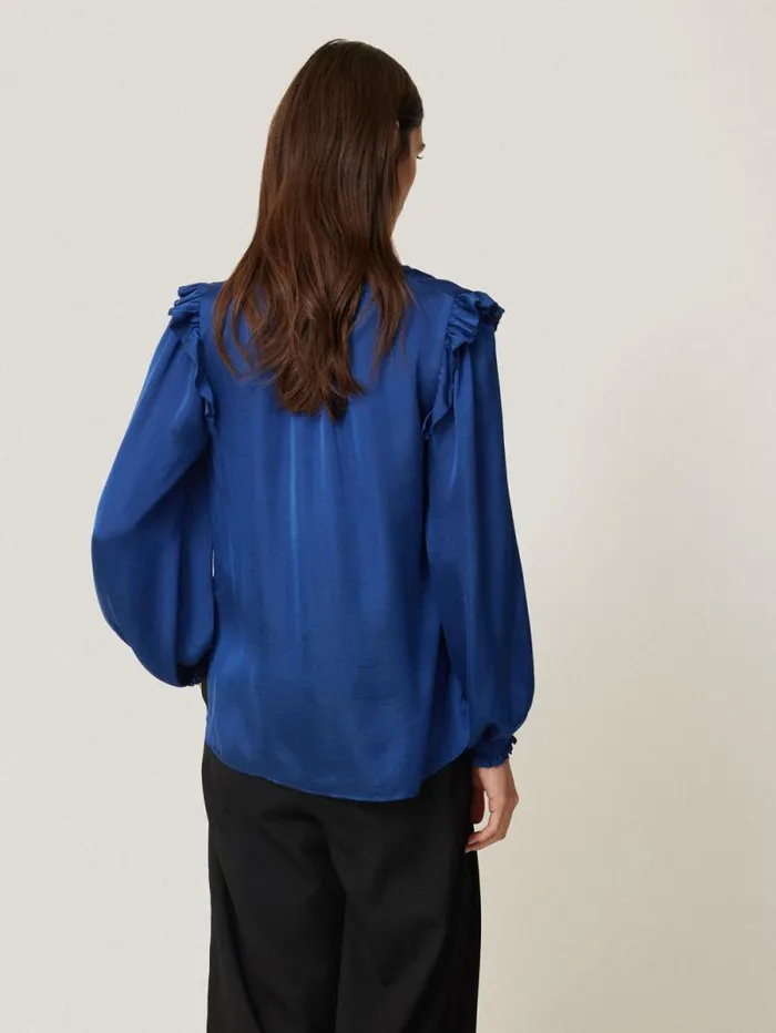 Recycled Satin Ruffle Top Blue Women Jigsaw Party