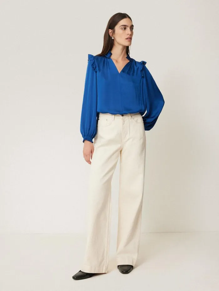 Recycled Satin Ruffle Top Blue Women Jigsaw Party