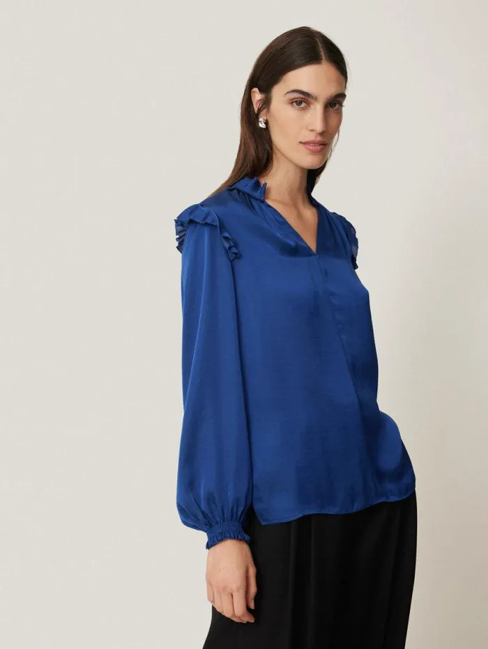 Recycled Satin Ruffle Top Blue Women Jigsaw Party