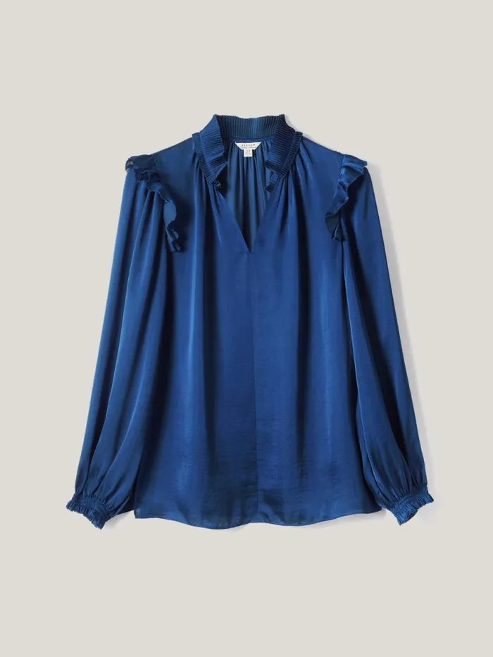 Recycled Satin Ruffle Top Blue Women Jigsaw Party