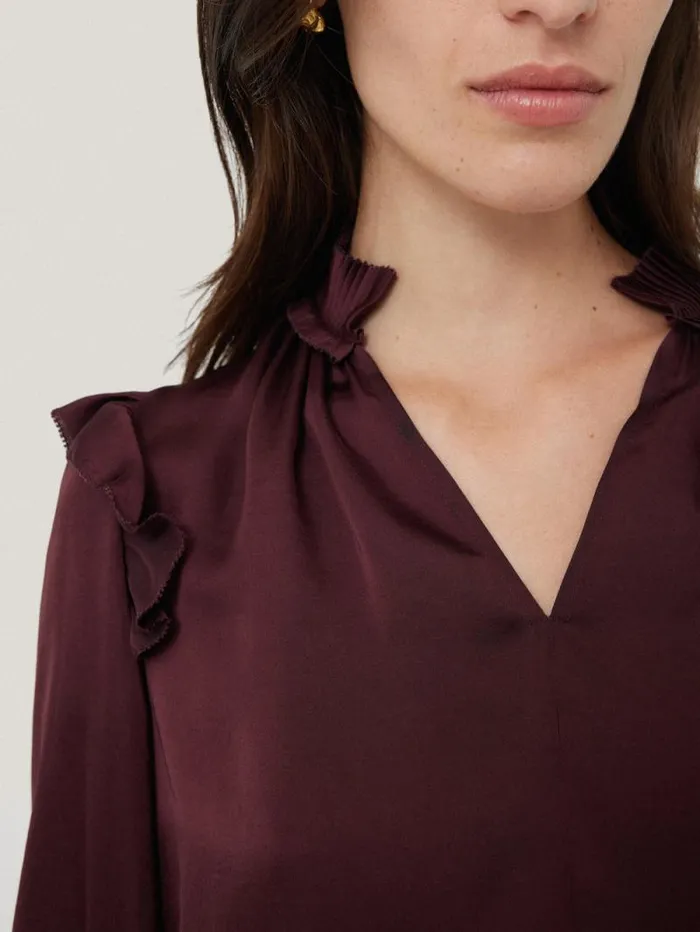 Recycled Satin Ruffle Top Burgundy Women Jigsaw Party