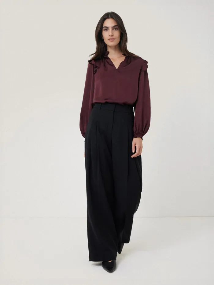 Recycled Satin Ruffle Top Burgundy Women Jigsaw Party
