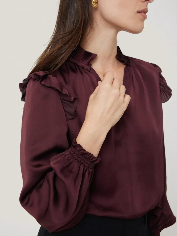 Recycled Satin Ruffle Top Burgundy Women Jigsaw Party