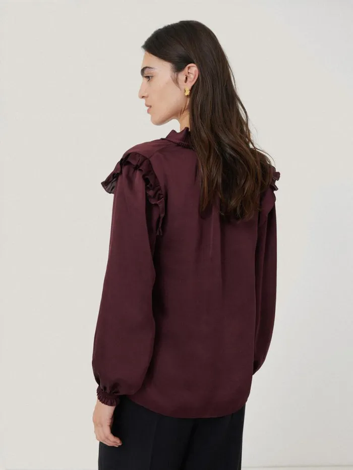 Recycled Satin Ruffle Top Burgundy Women Jigsaw Party