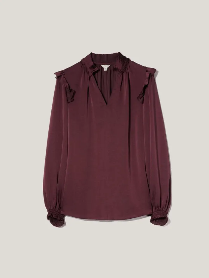 Recycled Satin Ruffle Top Burgundy Women Jigsaw Party