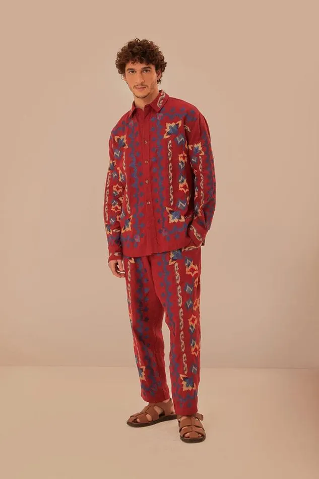 Red Floral Embroidery Jacquard Pants Women FARM Rio Pants