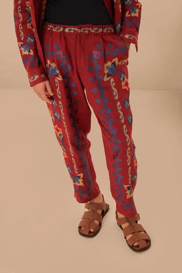 Red Floral Embroidery Jacquard Pants Women FARM Rio Pants