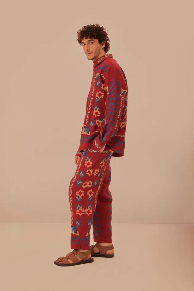 Red Floral Embroidery Jacquard Pants Women FARM Rio Pants
