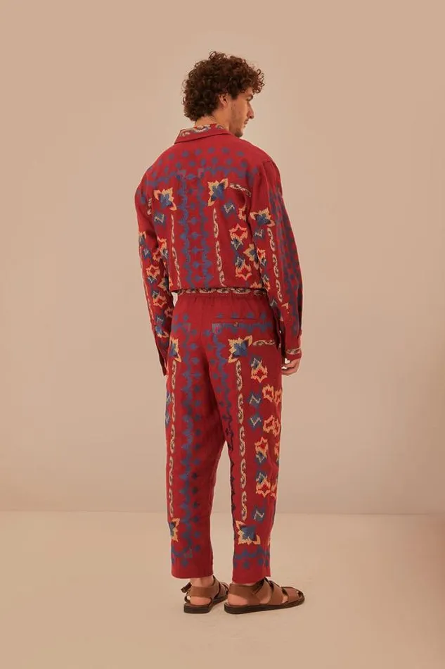 Red Floral Embroidery Jacquard Pants Women FARM Rio Pants