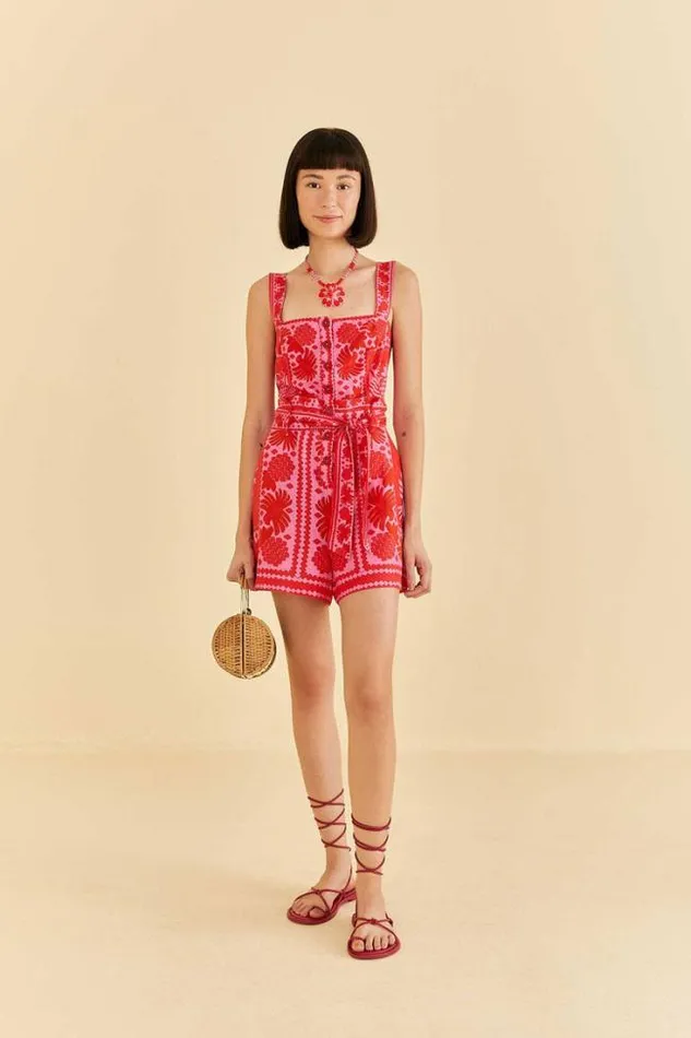 Red Jungle Scarf Romper Women FARM Rio Rompers