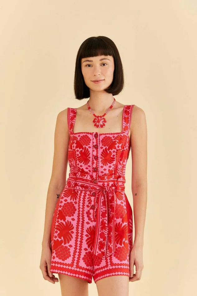 Red Jungle Scarf Romper Women FARM Rio Rompers