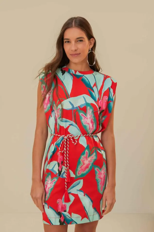 Red Summer Foliage Organic Cotton Mini TShirt Dress Women FARM Rio Tshirts