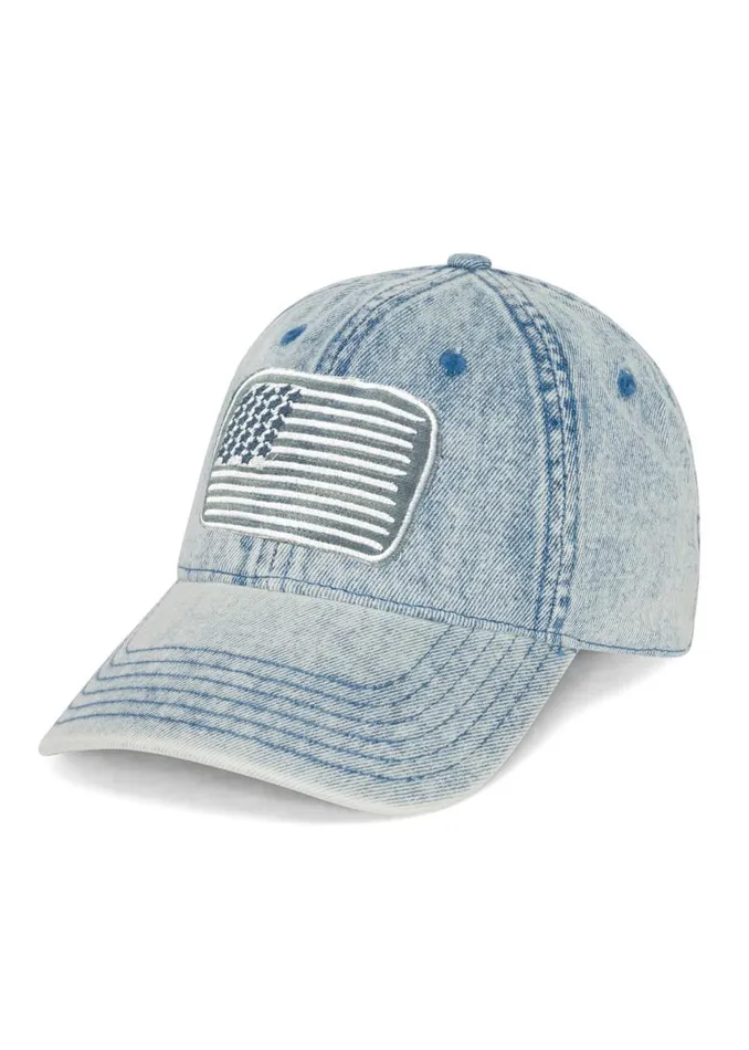 Reina Denim Flag Patch Washed Denim Women Lauren Moshi Hats Reina Denim Flag Patch Washed Denim Women Lauren Moshi Hats