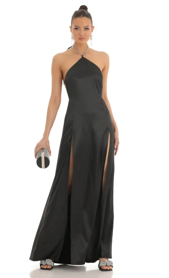 Rhinestone Halter Maxi Dress Black Women LUCY IN THE SKY Maxi Dresses