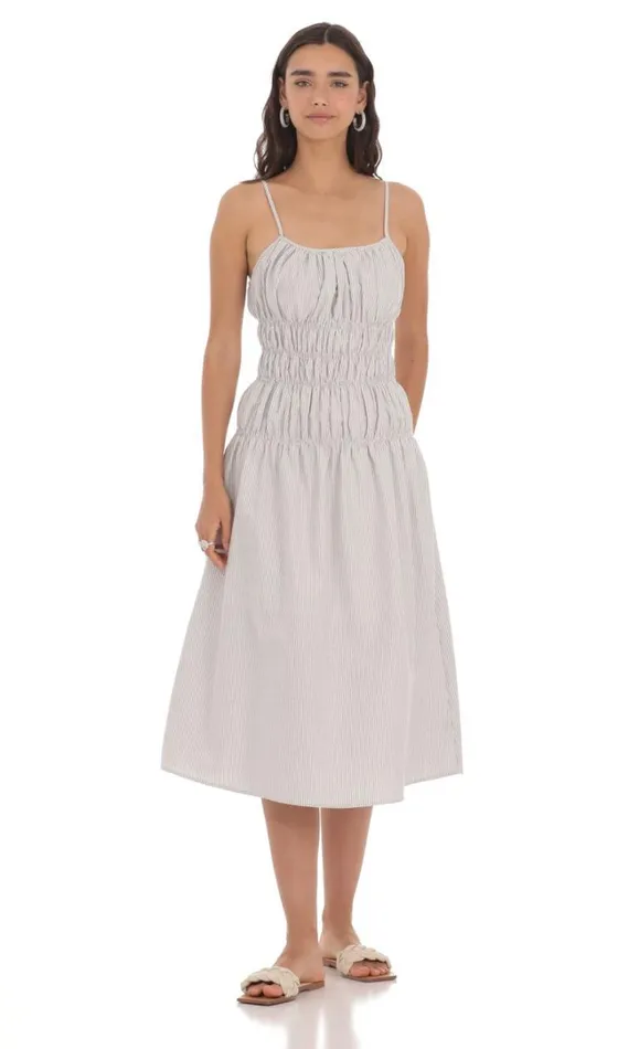 Ruched Striped Midi Dress Grey Women LUCY IN THE SKY Midi Dresses