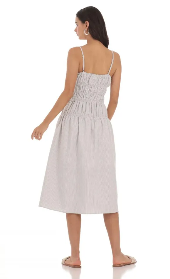 Ruched Striped Midi Dress Grey Women LUCY IN THE SKY Midi Dresses Ruched Striped Midi Dress Grey Women LUCY IN THE SKY Midi Dresses