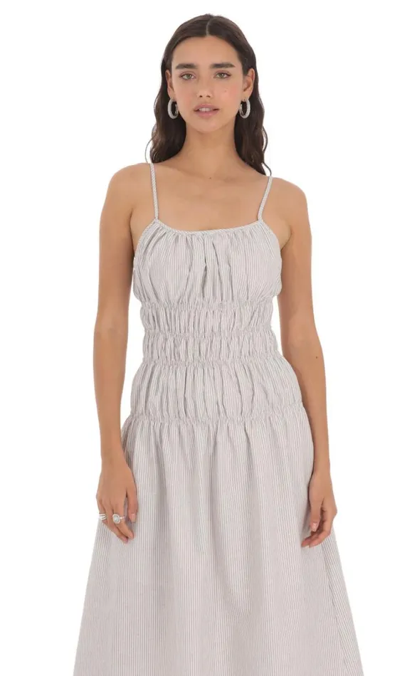 Ruched Striped Midi Dress Grey Women LUCY IN THE SKY Midi Dresses Ruched Striped Midi Dress Grey Women LUCY IN THE SKY Midi Dresses