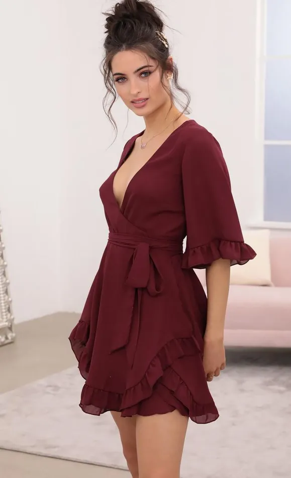 Ruffle Dress Burgundy Women LUCY IN THE SKY Mini Dresses