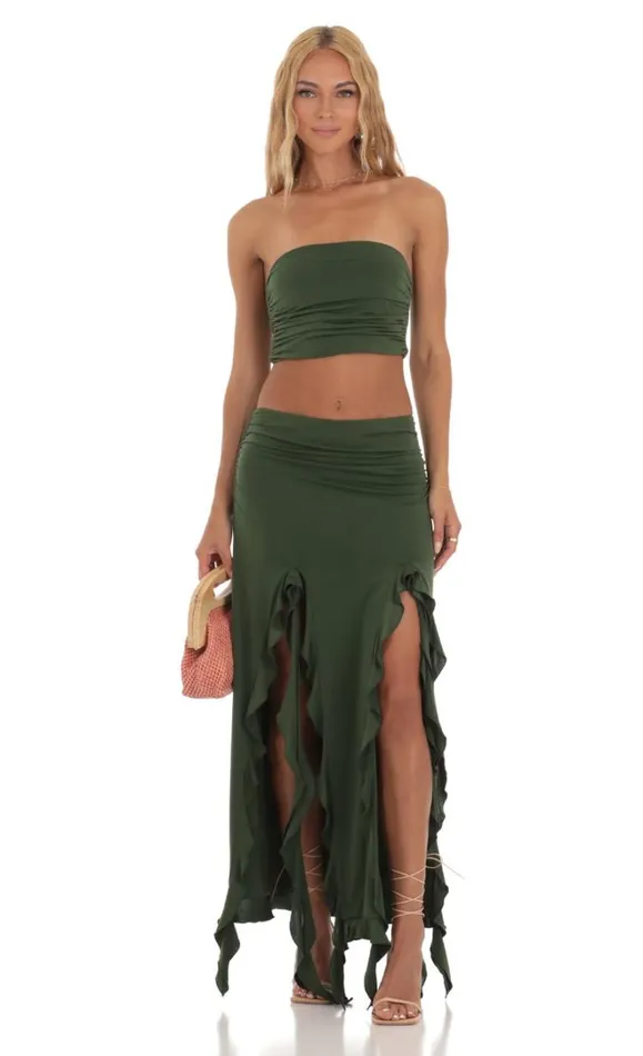 Ruffle Slit Two Piece Set Green Women LUCY IN THE SKY Maxi Dresses