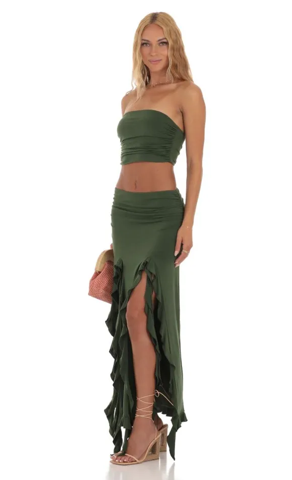 Ruffle Slit Two Piece Set Green Women LUCY IN THE SKY Maxi Dresses