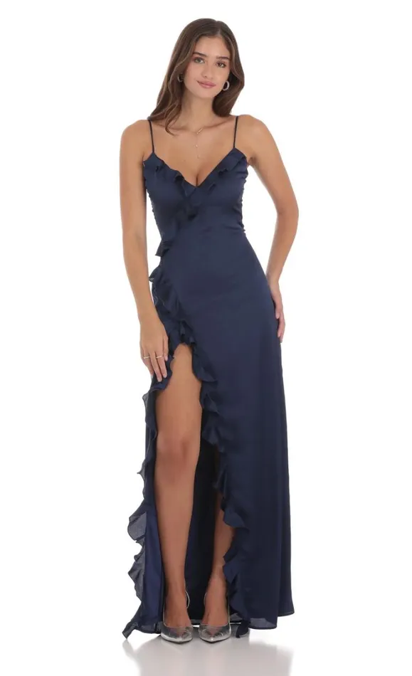 Ruffle VNeck Maxi Dress Navy Women LUCY IN THE SKY Maxi Dresses