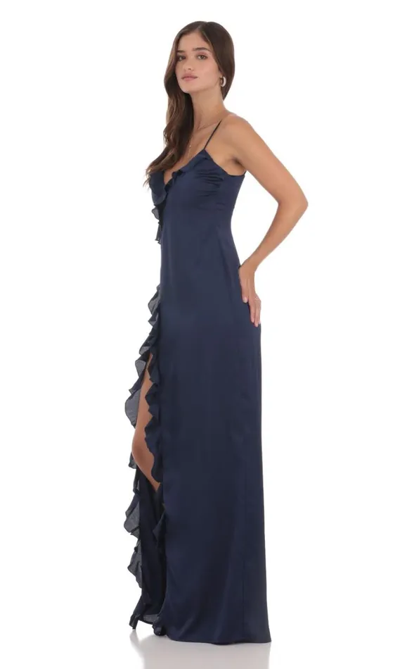 Ruffle VNeck Maxi Dress Navy Women LUCY IN THE SKY Maxi Dresses