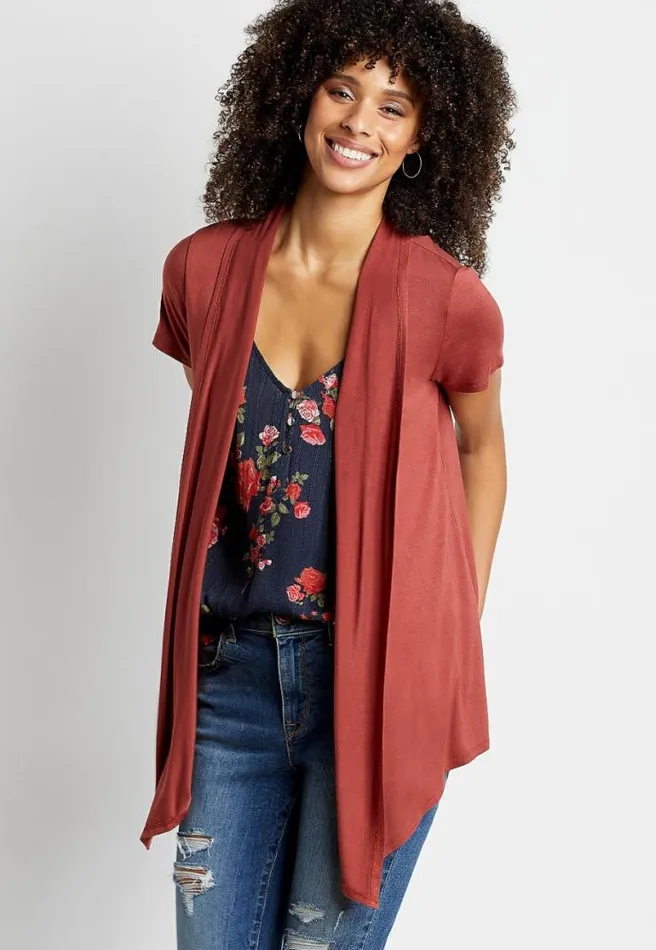 Rust Short Sleeve Open Front Cardigan Women Maurices Tops