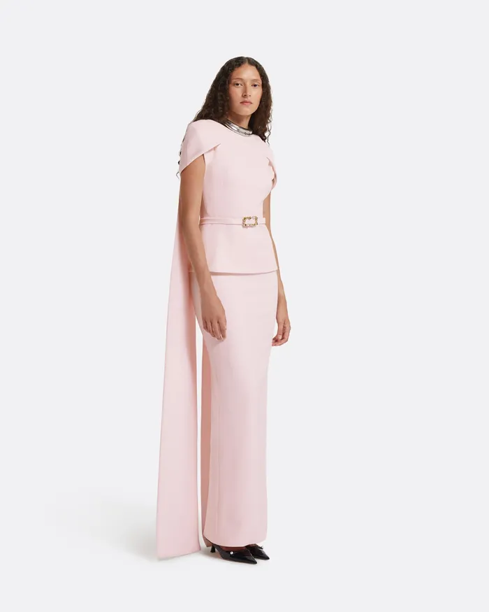 Safiyaa Erkin Barely Pink Long Dress With Embroidered Belt Barely Pink Women Dresses