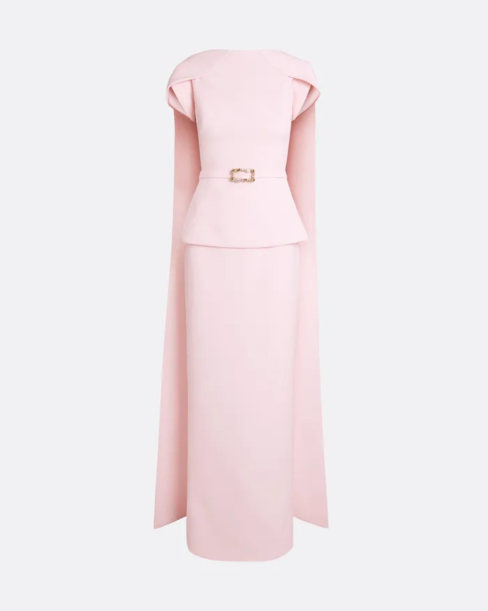 Safiyaa Erkin Barely Pink Long Dress With Embroidered Belt Barely Pink Women Dresses