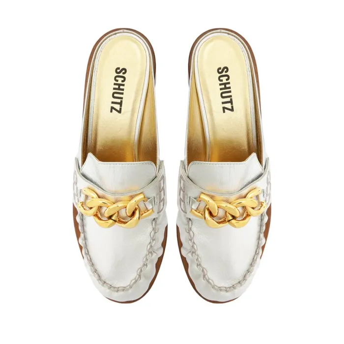 Sandals Luca Chain Leather Flat Silver Schutz Shoes Mule